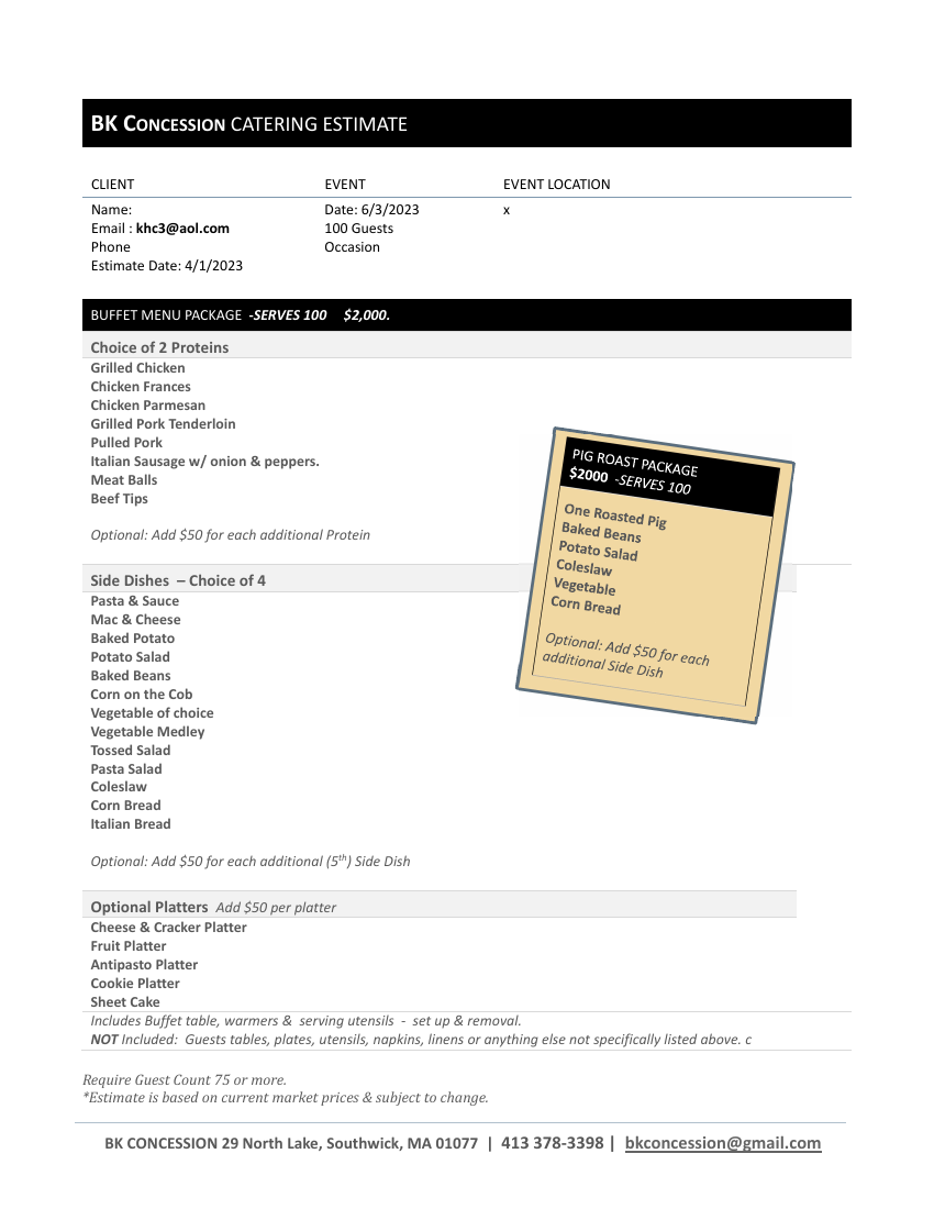 BK Concession catering estimate and buffet menu.
