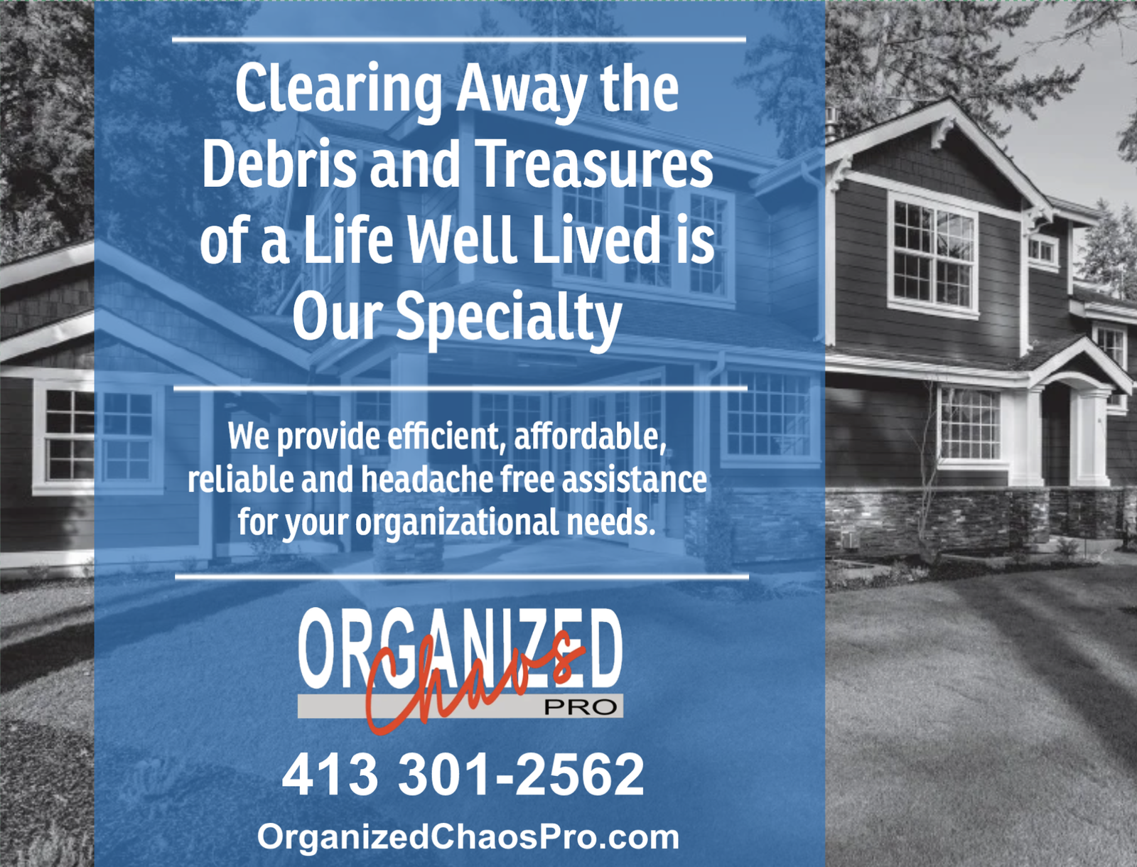 Organized Chaos Pro direct-mail postcard front.