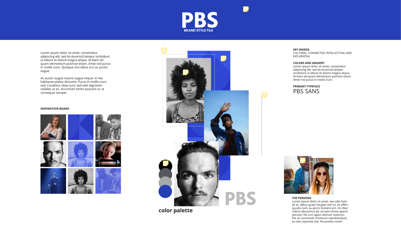 PBS brand style tile with color palette, imagery, and typography — by W. Bradford.