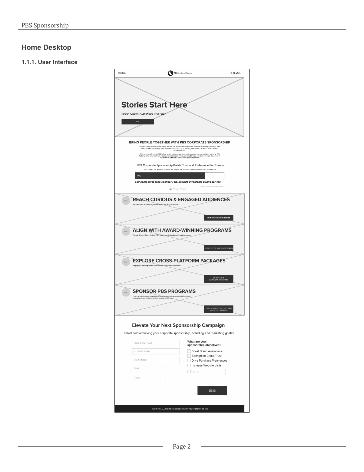 PBS National Sales sponsorship site wireframe