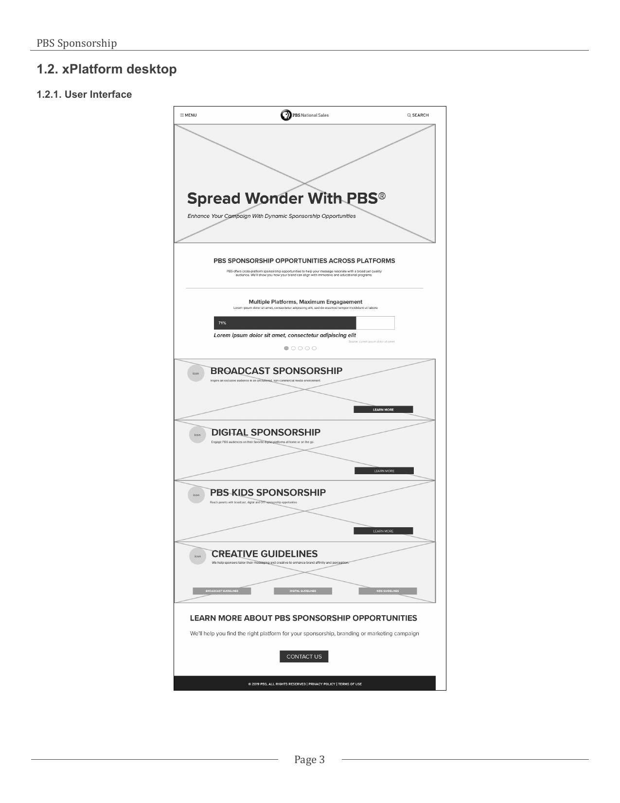PBS cross-platform sponsorship wireframe.