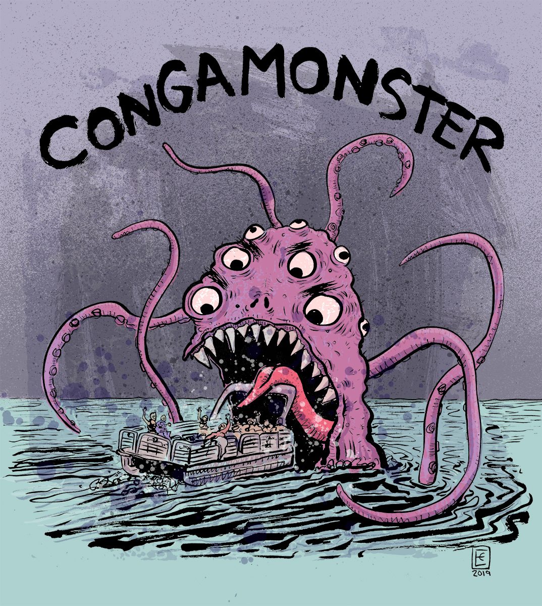 CongaMonster illustration — a tentacled creature rising beside a pontoon boat.