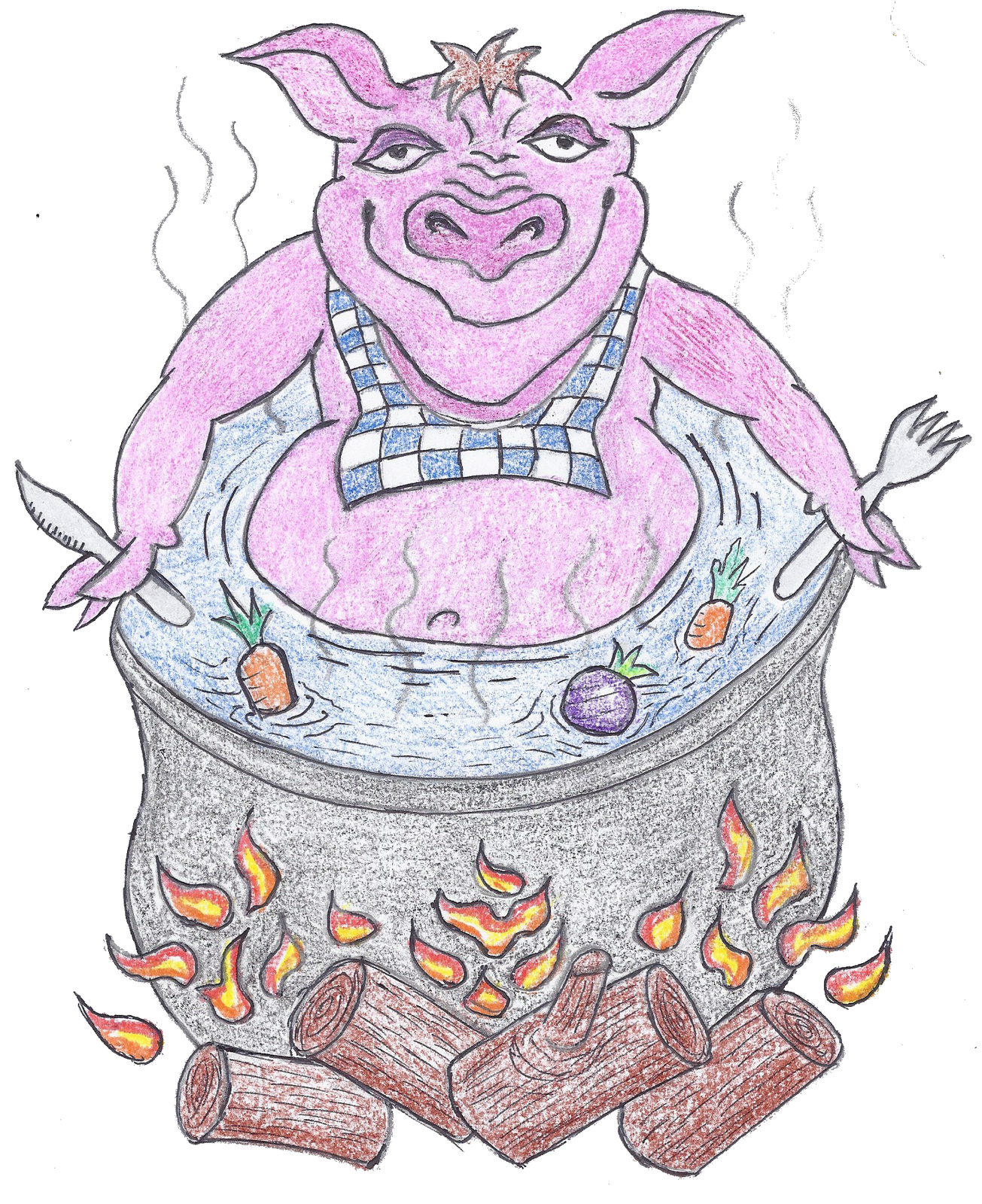 Original colored-pencil sketch of the pig mascot in a stockpot.