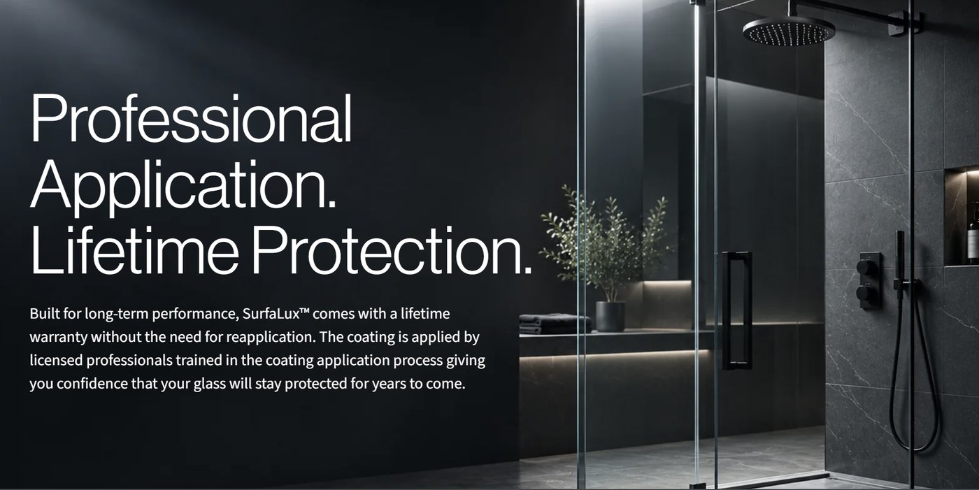 The Professional Application section — a dark stone bathroom with a frameless glass shower, headline and copy set on the dark left third of the image.
