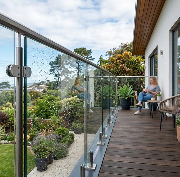 A glass balcony railing on a timber deck overlooking a garden, water beading on the coated half.