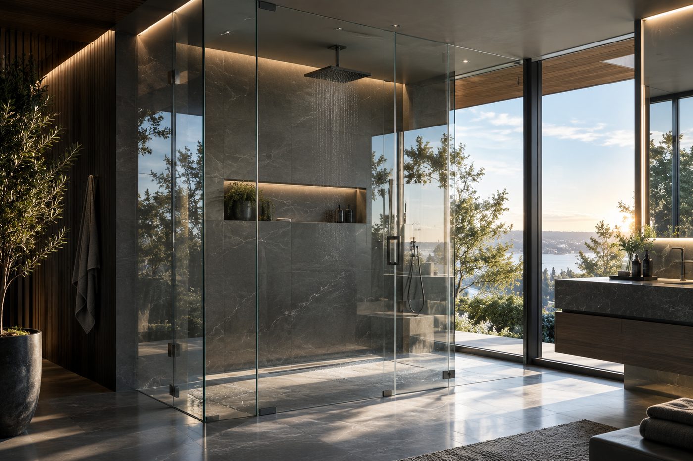 A walk-in glass shower enclosure in a modern bathroom.