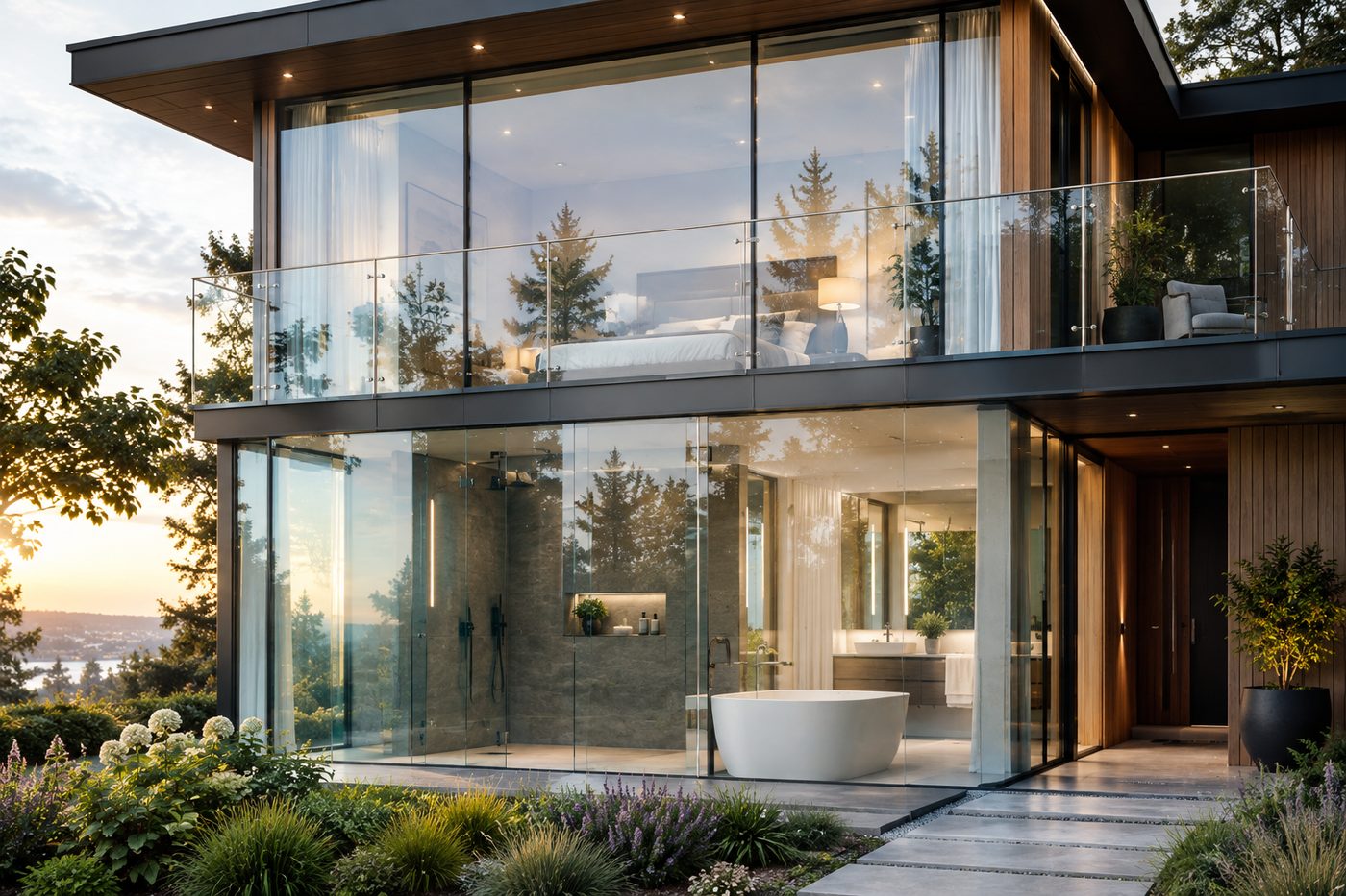A modern house with large glass walls at dusk, warm interior visible through the glass.