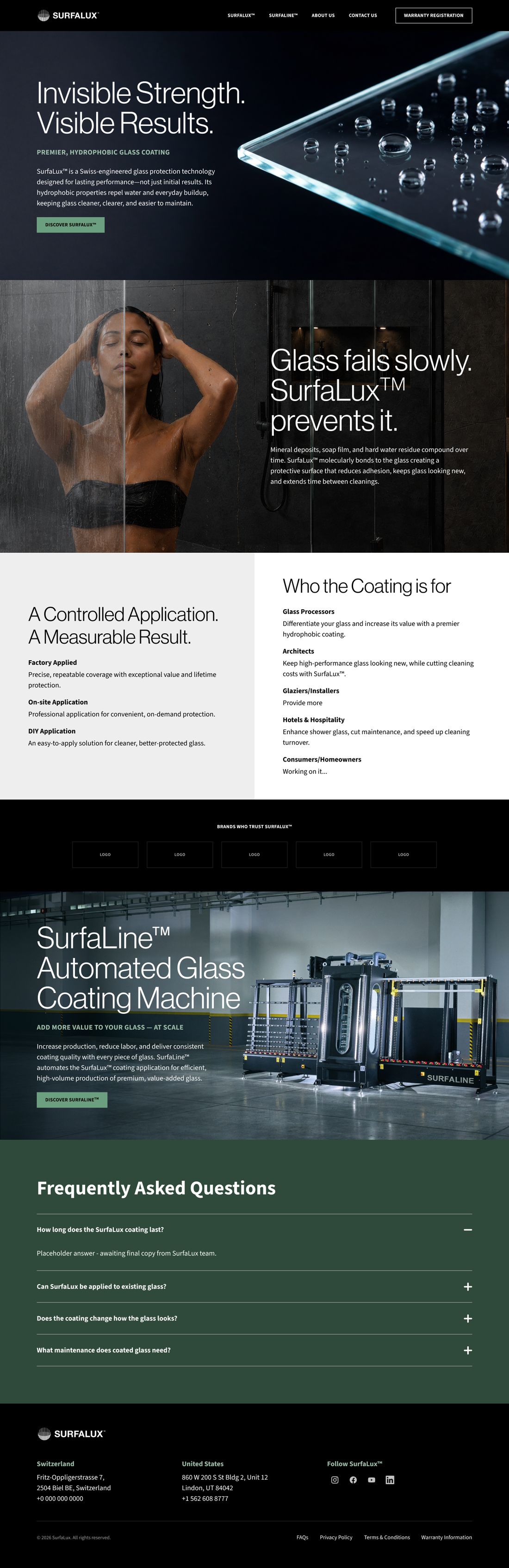 The SurfaLux homepage at desktop width, scrollable.