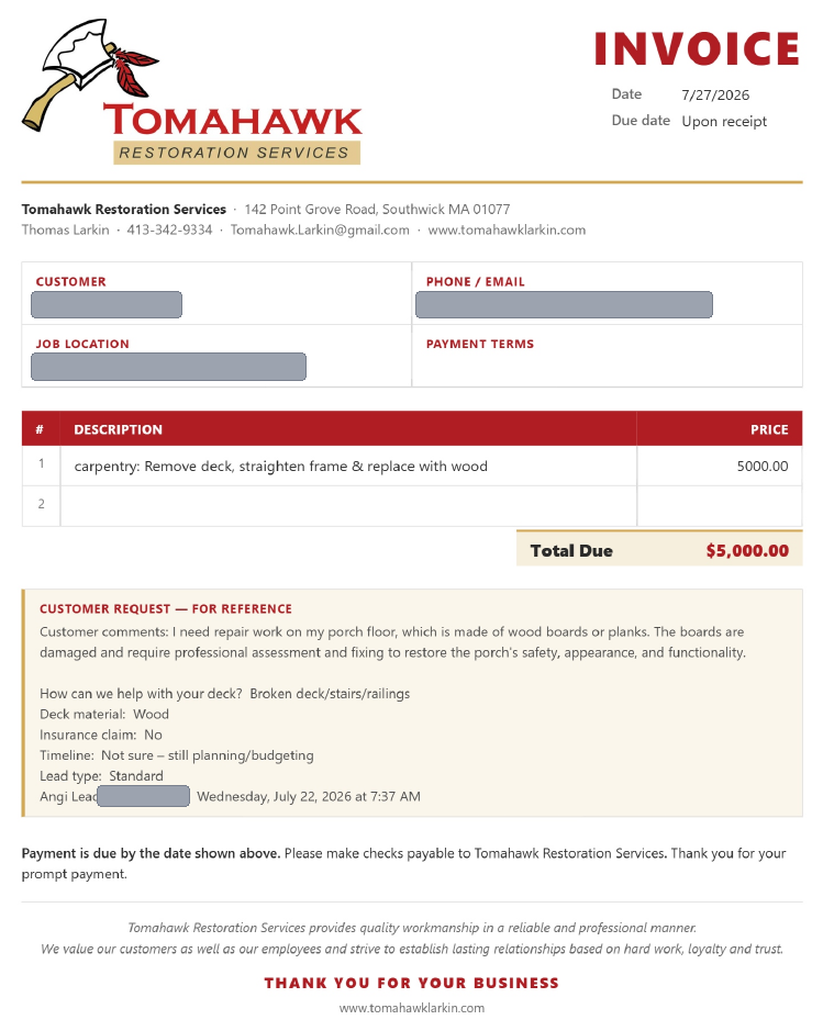 Invoice mode showing Total Due, due date, and payment instructions.