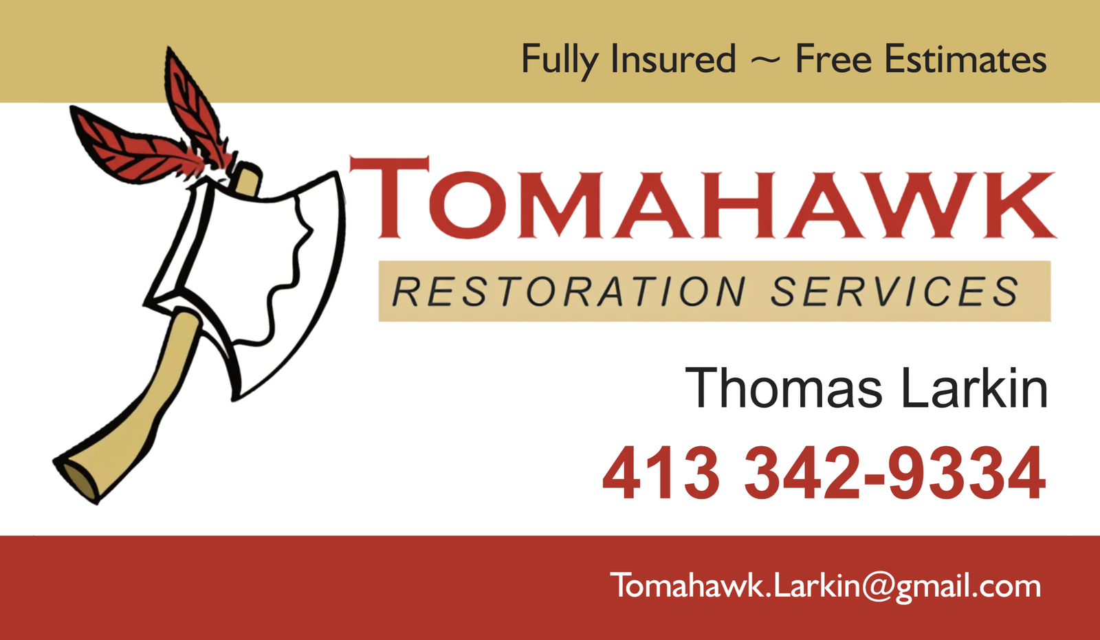 Tomahawk business card with services list and contact details.
