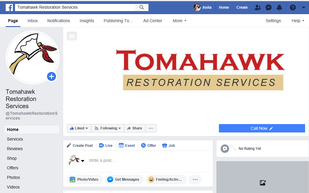 Tomahawk Facebook business page with branded cover and profile.
