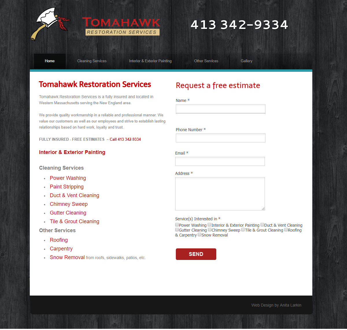 Tomahawk Restoration Services homepage with estimate request form and services.
